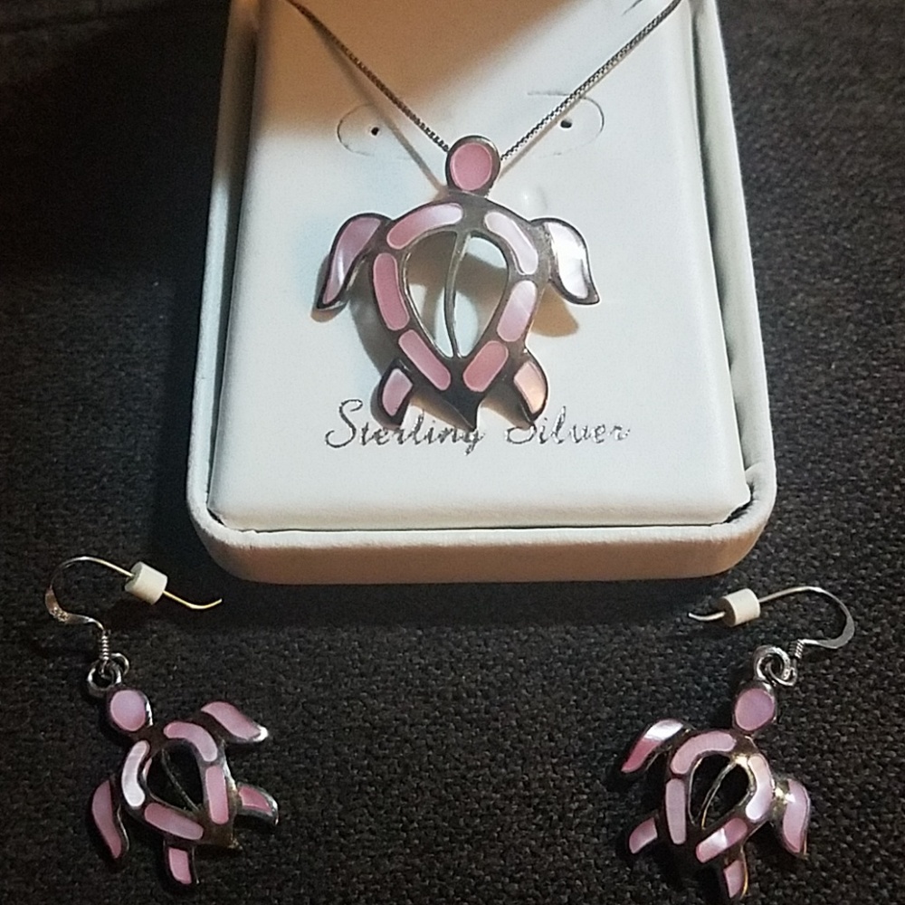 Sterling Silver Pink Turtle Pendant and Earrings